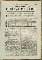 Première page de la lettre de Benjamin Franklin au Journal de Paris, mentionnant pour la première fois la possibilité de décaler les horaires d'hiver et d'été, et s'interrogeant sur l'économie d'huile réalisée par la lampe de Quinquet et L'Ange (1784).