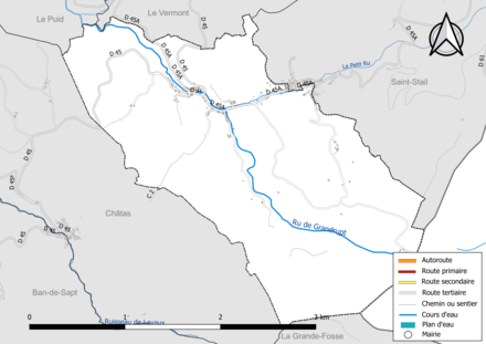 Carte en couleur présentant le réseau hydrographique de la commune