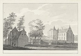 Het Huis te Geldermalsen, getekend door Pieter Jan van Liender (circa 1750)