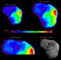 A temperature map of the nucleus with different spatial resolutions. The context image (in black and white) is a HRIVIS image taken just before impact. The color bar in the middle gives temperature in Kelvins. The sun is to the right in all images. These data were acquired with the IR spectrometer using signal between 1.8 and 2.2 µm and modeled to contain both a reflected and an emitted component. After this model is applied, the resulting number is a temperature which is represented by different colors with red being the highest and purple the coldest. The derived temperature varies from 260 +/- 6K to 329 +/- 8K. Shadows are the coolest temperatures, and the point directly below the sun is hottest. These temperatures indicate that the thermal inertia of the surface (the quality of the surface describing the ability to conduct and store heat) is low. In other words, on Tempel 1, it is hot in the sun and cold in the shadows. A value for thermal inertia is estimated at <100 W/K/m2/s1/2.