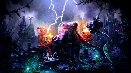 Original – The three heroes of Trine 2 navigating platforms held aloft by a giant octopus