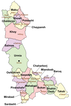 Location of Oshnavieh County in West Azerbaijan province (center left, yellow)