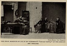 A compelling scene from Chekhov's 'Uncle Vanya' captured during a performance at the Moscow Art Theatre. This image reflects the emotional climax of the play in its fourth act.