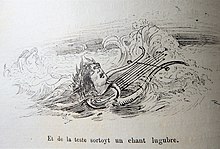 La tête d'Orphée et une lyre flottent sur l'eau.