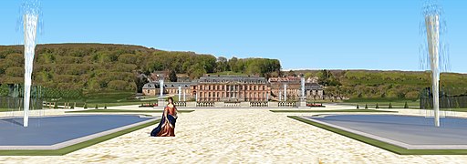 Vue restituée des jardins de Dampierre, depuis la terrasse supérieure.