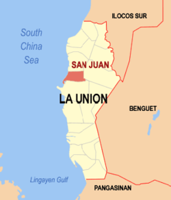 Mapa ng La Union na pinapakita ang lokasyon ng San Juan