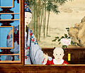 In daily dress, with the young Jiaqing Emperor. Debates about the identity of the lady are still ongoing and it has been suggested that she might be Imperial Noble Consort Qinggong, one of the Qianlong Emperor's childless concubines who raised Yongyan.