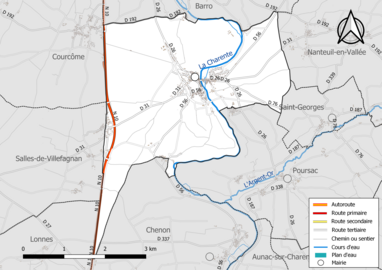 Carte en couleur présentant le réseau hydrographique de la commune