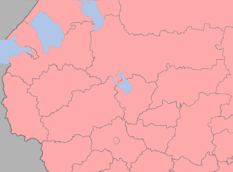 Map of Russia with the teams of the 2016–17 Russian Professional Football League (West)