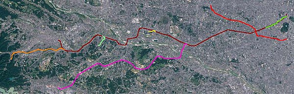 ランドサット衛星写真に載せた京王電鉄の路線