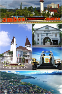 Dari atas searah jarum jam: Lapangan Merdeka, Benteng Victoria, Gong Perdamaian Dunia, Teluk Ambon, dan Tugu Trikora serta Gereja Silo.