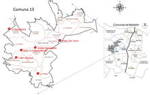 Los 19 barrios de la Comuna 13 y unos puntos claves de la guerra urbana.