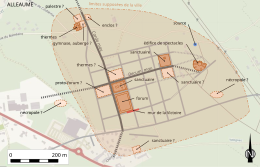 Carte en couleurs schématisant le plan d'une ville antique.