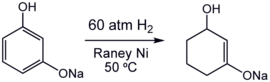 Idrogenazione parziale di un resorcinolo catalizzata con nichel Raney.