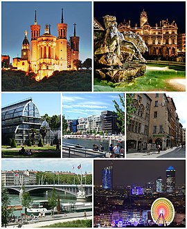 Top: Basilica of Notre-Dame de Fourvière, Place des Terreaux with the Fontaine Bartholdi and Lyon City Hall at night. Centre: Parc de la Tête d'or, Confluence district and Vieux Lyon. Bottom: Pont Lafayette, La Part-Dieu Central Business District with Place Bellecour in foreground during the Festival of Lights.