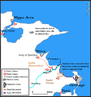 A map showing the major movements of both sides during the Battle of the Bagradas River