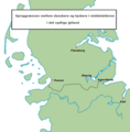 Sørgrensen for dansk bosetning i det sørlige Jylland, rekonstruert ut fra fordelingen av stedsnavnene.