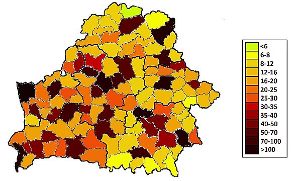 Шчыльнасць насельніцтва Беларусі па раёнах на 2016 г.