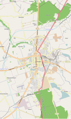 Mapa konturowa Suwałk, na dole znajduje się punkt z opisem „Papiernia”