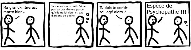 Bande dessinée où deux personnages interviennent. Première case (personnage à gauche) : Ma grand-mère est morte hier… - Deuxième case (bulle du personnage à droite) : Je me souviens qu’il n’aime pas sa grand-mère parce qu’elle ne lui donnait pas d’argent de poche. - Troisième case (personnage à droite) : Tu dois te sentir soulagé alors ? - Quatrième case (personnage à gauche) : Espèce de Psychopathe !!! (Le personnage à droite semble ne pas comprendre.)