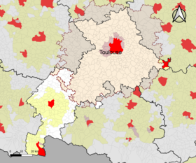 Localisation de l'aire d'attraction de Toulouse dans le département de la Haute-Garonne.