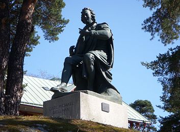 Bellmanstatyn med Hasselbackens lusthus (vänster) och vid Brunnsviken intill Kräftriket (höger).