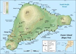 Easter Island map showing Terevaka, Poike, Rano Kau, Motu Nui, Orongo, and Mataveri; major ahus are marked with moai