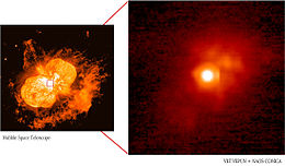 The Homunculus Nebula on the left, and a zoomed-in infrared image on the right