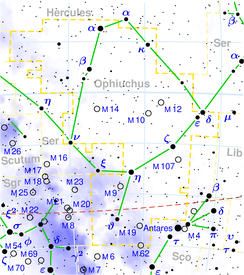 Die ligging van α Ophiuchi in die Slangdraer (in die rooi sirkel).