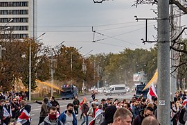 Use of water cannons in Minsk, 4 October. Note the orange color of the water: it makes visible traces on clothes[318]