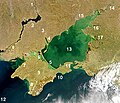 Satellite image of Sea of Azov. The shallow Sea of Azov is clearly distinguished from the deeper Black Sea. Numbers: 1. Dnieper River, 2. Kakhovka Reservoir, 3. Molochna River, 4. Molochnyi Lyman, 5. Arabat Spit, 6. Syvash lagoon system, 7. Karkinit Bay, 8. Kalamitsky Bay, 9. Crimea, 10. Fedosiysky Bay, 11. Strait of Kerch, 12. Black Sea, 13. Sea of Azov, 14. Don, 15. Taganrog Bay, 16. Yeysk Liman, 17. Beisug Liman