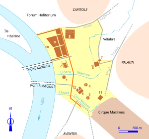 Plan en couleurs d'une place antique avec l'emplacement de ses principaux bâtiments.