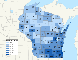 Distribuição de NRHPs nos condados de Wisconsin.