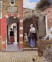 Pieter de Hooch, Dvorišče hiše v Delftu, 1658, študija o domači kreposti, teksturi in prostorski zapletenosti. Ženska je služabnica.[31]