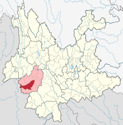 Location of Gengma County (red) and Lincang City (pink) within Yunnan province