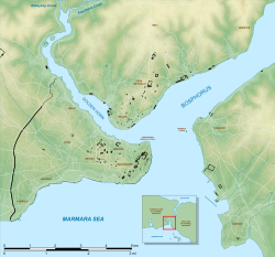 Carte d'Istanbul et de ses monuments historiques avec la Corne d'Or à l'ouest.