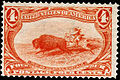 Primum pittacium cursuale imaginem bisonis ferens anno 1898 in Civitatibus Foederatis editum est: 4¢ "Indian Hunting Buffalo," pars seriei commemorativae de Expositione Trans-Mississippiana