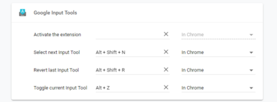 ଗୁଗଲ ଇନପୁଟ ଟୁଲସ କ୍ରୋମ ଏକ୍ସଟେନସନର କିବୋର୍ଡ଼ ସର୍ଟକଟ ସେଟିଙ୍ଗ