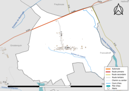 Carte en couleur présentant le réseau hydrographique de la commune