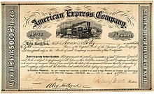 Aktie der American Express Company, ausgestellt am 30. April 1853, im Original unterschrieben von Henry Wells als Präsident und von William C. Fargo als Sekretär. Gründungsemission: Das Grundkapital von 500.000 $ war eingeteilt in 5.000 shares à 100 $.