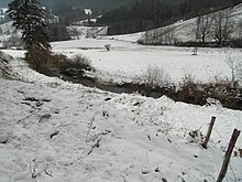 Photographie du ruisseau entre deux champs couverts de neige