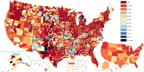 Percentage of NRHP sites illustrated, by county. See Wikipedia:WikiProject National Register of Historic Places/Progress.