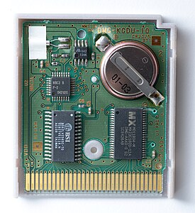 Pokemon Silver cartridge board. Note the coin cell battery.