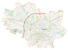 Mapa konturowa Wrocławia, na dole znajduje się punkt z opisem „Impel S.A.”