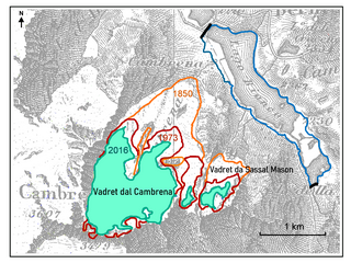 Flächenveränderung des Cambrenagletschers und des Vadret da Sassal Mason, 1850–2016 (nach GLAMOS[4])