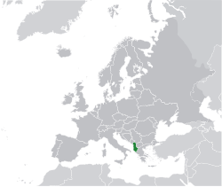 Location of  Albania  (green) on the European continent  (dark grey)  —  [Legend]