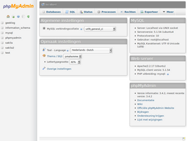phpMyAdmin-hoofdscherm