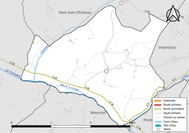 Carte en couleur présentant le réseau hydrographique de la commune