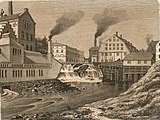 Det meste av industrien langs Akerselva ble innlemmet i byen. Hjula Veveri til venstre. Eie: Oslo Museum.