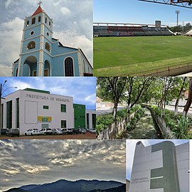 Do alto, em sentido horário: Paróquia de Nossa Senhora das Graças; gramado do Estádio Giulite Coutinho; trecho do rio Dona Eugênia; Centro Cultural Mister Watkins; visão do Maciço do Mendanha e Paço Municipal de Mesquita.